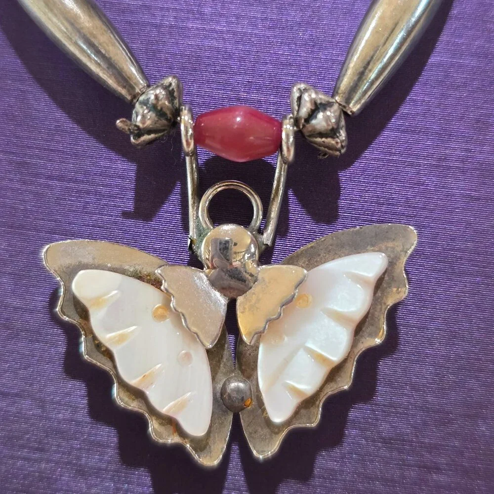 1980's Soutwestern Handmade MOP Butterfly Pendant Pink Silver Beaded Necklace